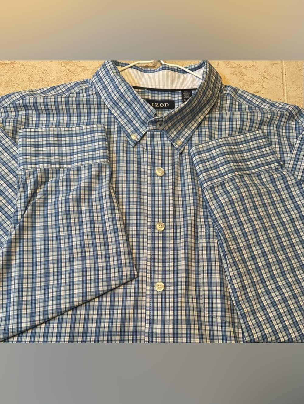 Izod Men’s Blue and White Plaid Button-Down Shirt